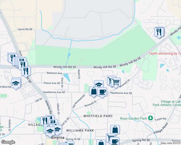map of restaurants, bars, coffee shops, grocery stores, and more near 4101 Hawthorne Circle in Smyrna