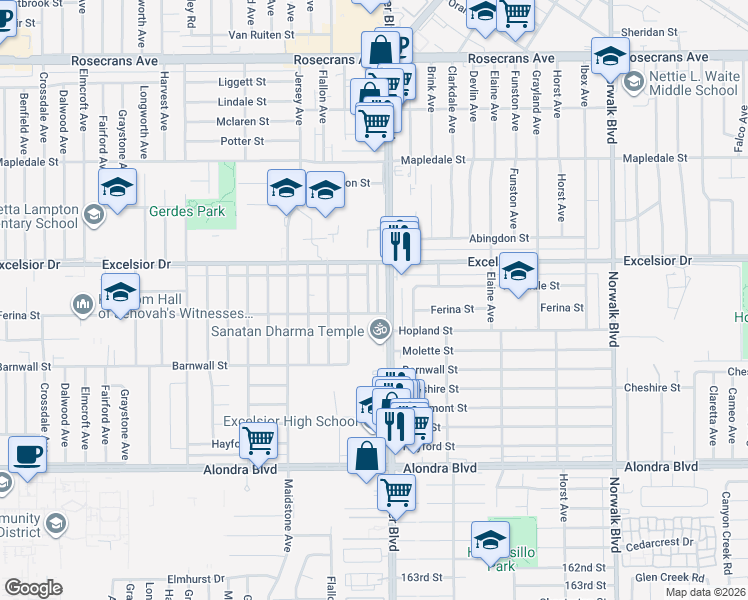 map of restaurants, bars, coffee shops, grocery stores, and more near 15035 Pioneer Boulevard in Norwalk