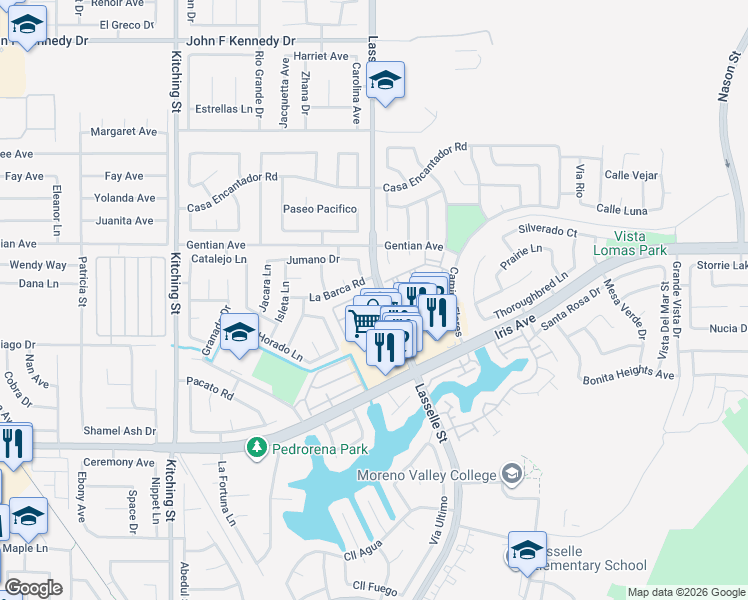 map of restaurants, bars, coffee shops, grocery stores, and more near 15601 Lasselle Street in Moreno Valley