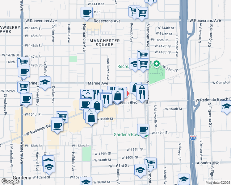 map of restaurants, bars, coffee shops, grocery stores, and more near 15205 South Budlong Avenue in Gardena