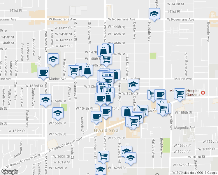 map of restaurants, bars, coffee shops, grocery stores, and more near 15134 South Western Avenue in Gardena