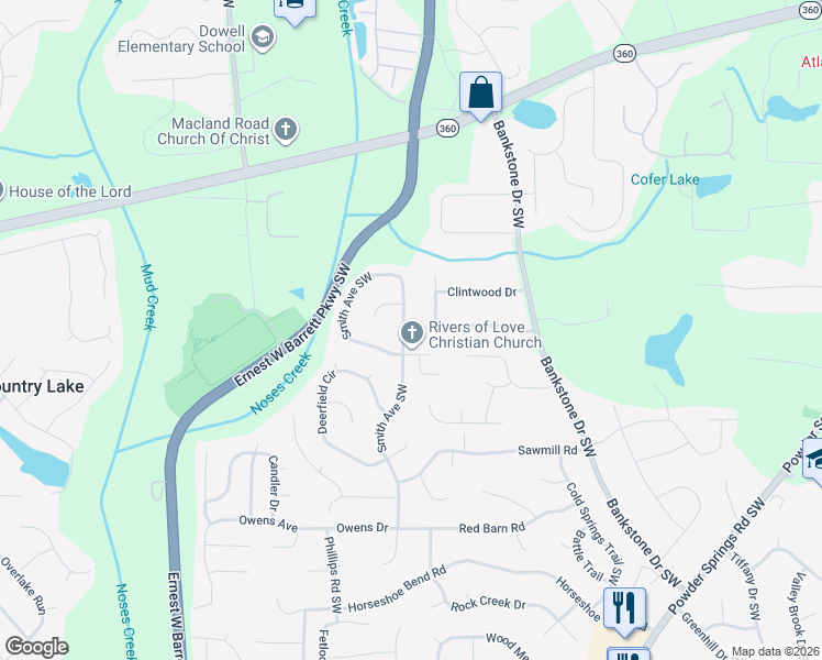 map of restaurants, bars, coffee shops, grocery stores, and more near 2489 Smith Avenue Southwest in Marietta