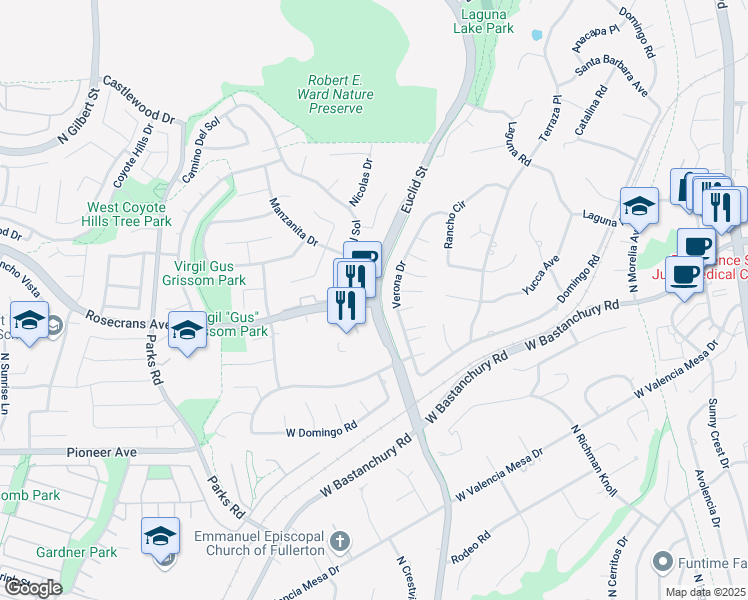 map of restaurants, bars, coffee shops, grocery stores, and more near North Euclid Street & Rosecrans Avenue in Fullerton