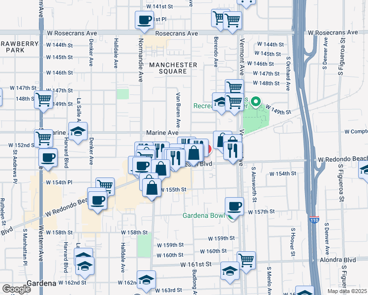 map of restaurants, bars, coffee shops, grocery stores, and more near 15205 Budlong Avenue in Gardena