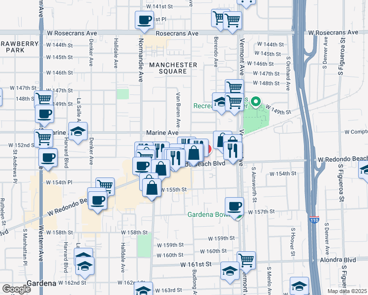 map of restaurants, bars, coffee shops, grocery stores, and more near 15122 Budlong Avenue in Gardena