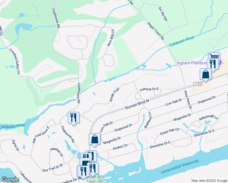 map of restaurants, bars, coffee shops, grocery stores, and more near 221 Kings Trail in Sunset Beach