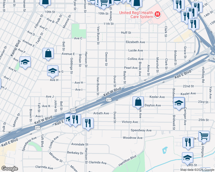 map of restaurants, bars, coffee shops, grocery stores, and more near 1827 Wilson Avenue in Wichita Falls