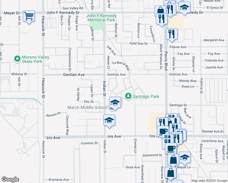 map of restaurants, bars, coffee shops, grocery stores, and more near 15630 Raptor Road in Moreno Valley