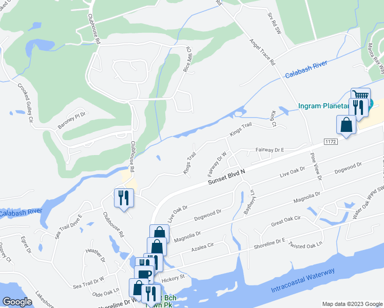 map of restaurants, bars, coffee shops, grocery stores, and more near 223 Kings Trail in Sunset Beach