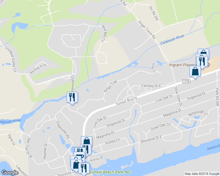 map of restaurants, bars, coffee shops, grocery stores, and more near 219 Kings Trail in Sunset Beach