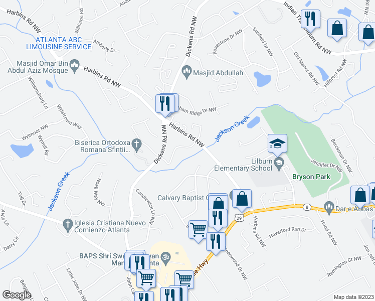 map of restaurants, bars, coffee shops, grocery stores, and more near 5290 Arrowind Road Northwest in Lilburn