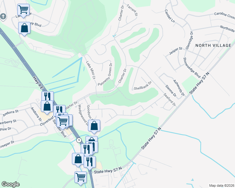 map of restaurants, bars, coffee shops, grocery stores, and more near 297 Charter Drive in Longs