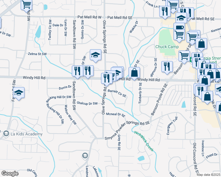 map of restaurants, bars, coffee shops, grocery stores, and more near 250 Windy Hill Road in Marietta