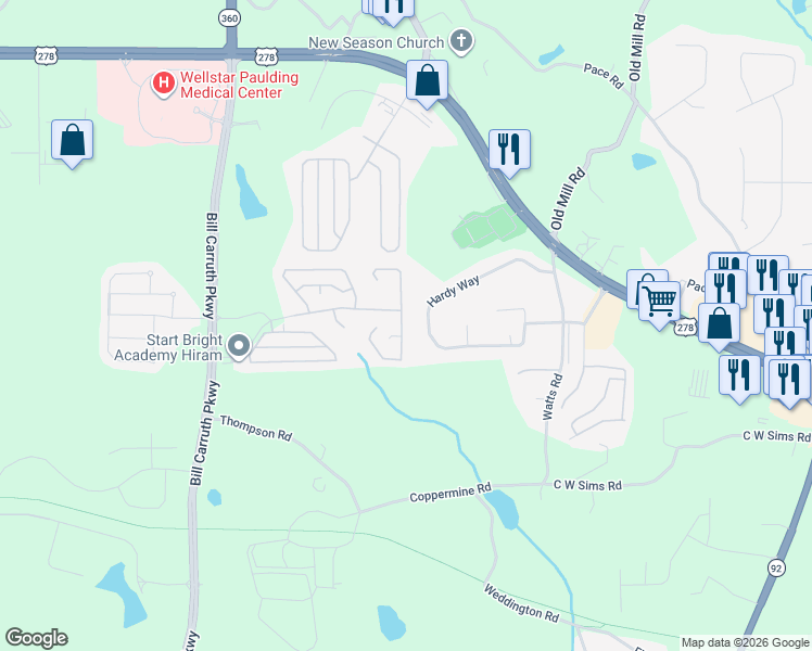 map of restaurants, bars, coffee shops, grocery stores, and more near 231 Rosemont Court in Hiram