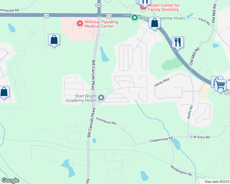 map of restaurants, bars, coffee shops, grocery stores, and more near 436 Stone Ridge Circle in Hiram