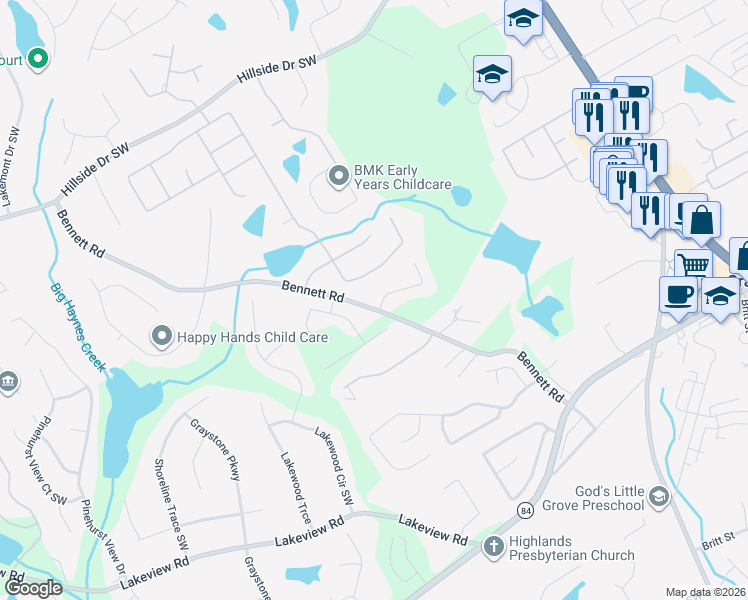 map of restaurants, bars, coffee shops, grocery stores, and more near 1910 Bennett Road in Grayson