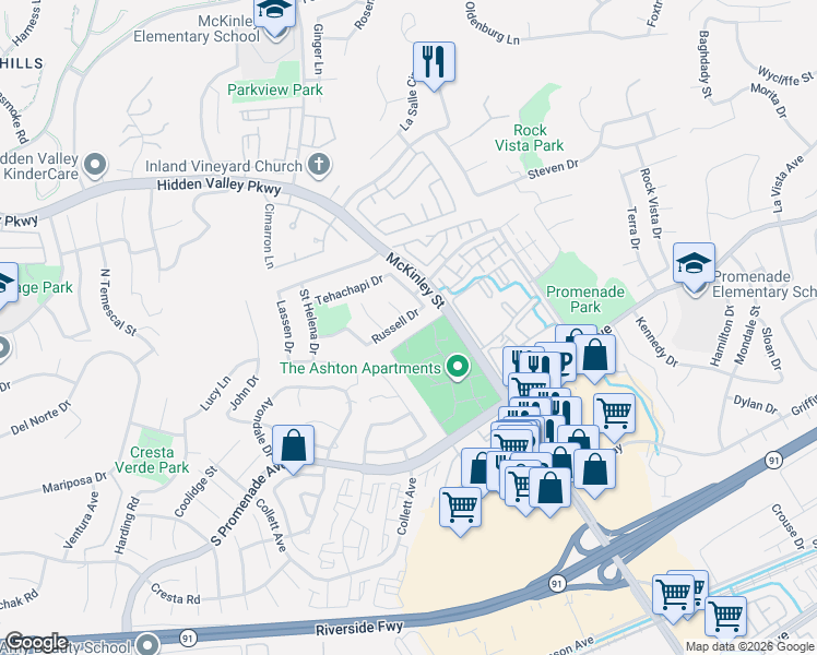 map of restaurants, bars, coffee shops, grocery stores, and more near 712 Mount Thompson Circle in Corona