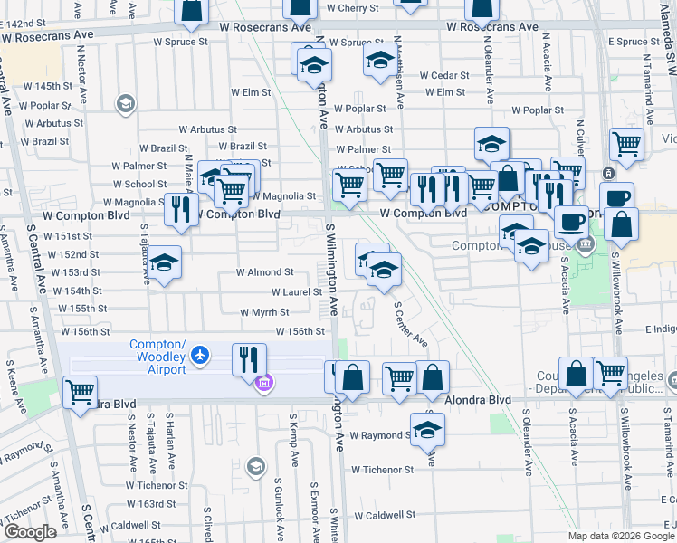 map of restaurants, bars, coffee shops, grocery stores, and more near 303 South Wilmington Avenue in Compton