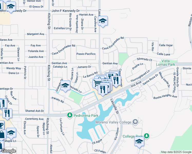 map of restaurants, bars, coffee shops, grocery stores, and more near 25945 La Barca Road in Moreno Valley