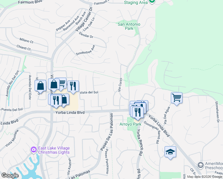 map of restaurants, bars, coffee shops, grocery stores, and more near 4760 Vía Amante in Yorba Linda