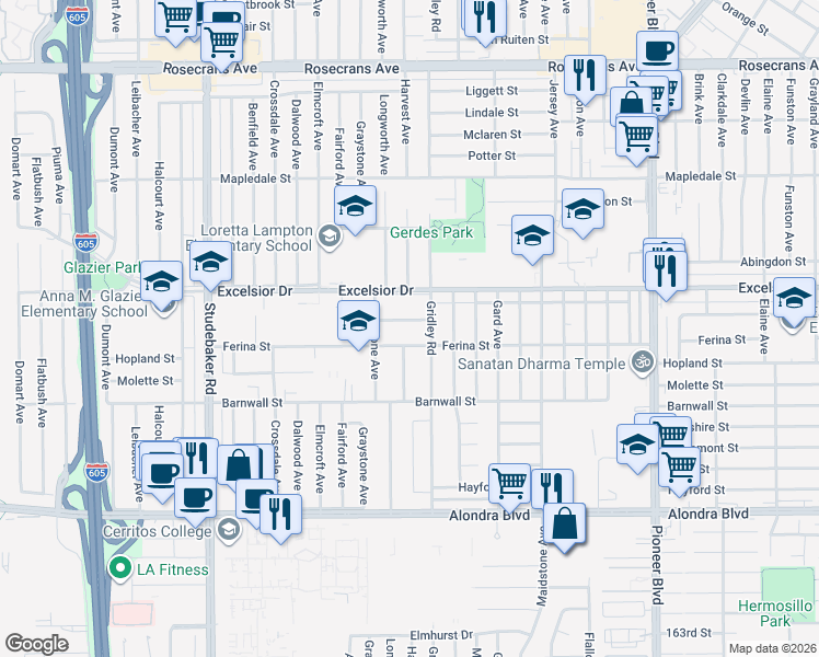 map of restaurants, bars, coffee shops, grocery stores, and more near 11339 Highdale Street in Norwalk
