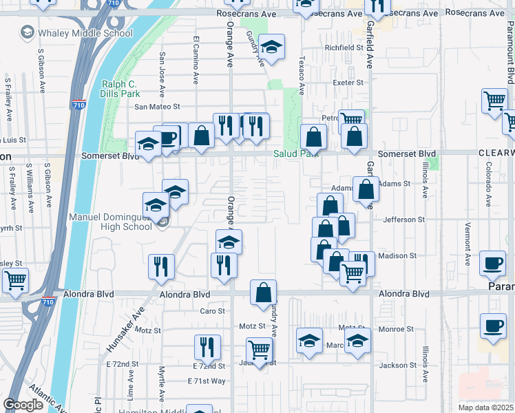 map of restaurants, bars, coffee shops, grocery stores, and more near 15329 Gundry Avenue in Paramount