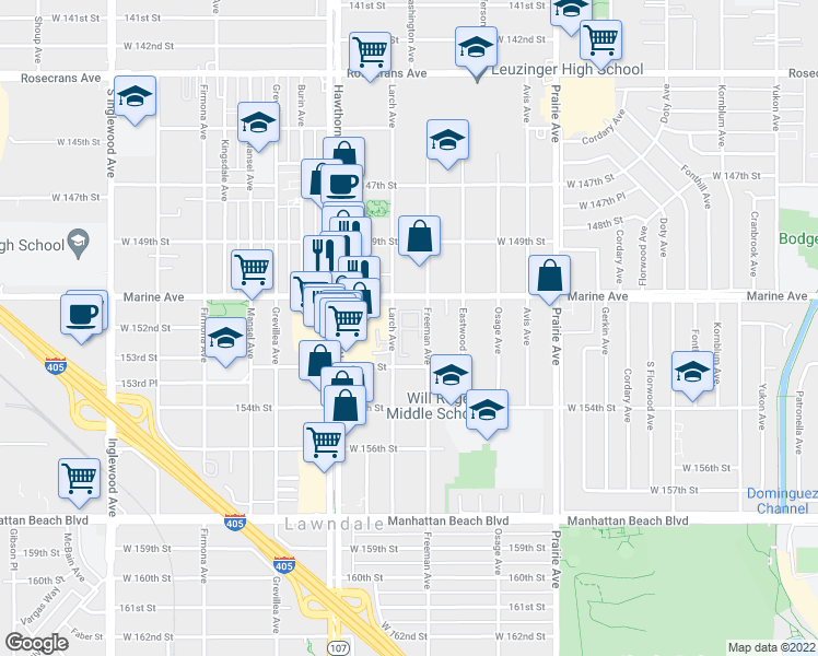 map of restaurants, bars, coffee shops, grocery stores, and more near 62 Larch Avenue in Lawndale