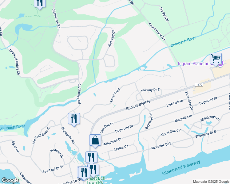 map of restaurants, bars, coffee shops, grocery stores, and more near 598 Coach Trail in Sunset Beach