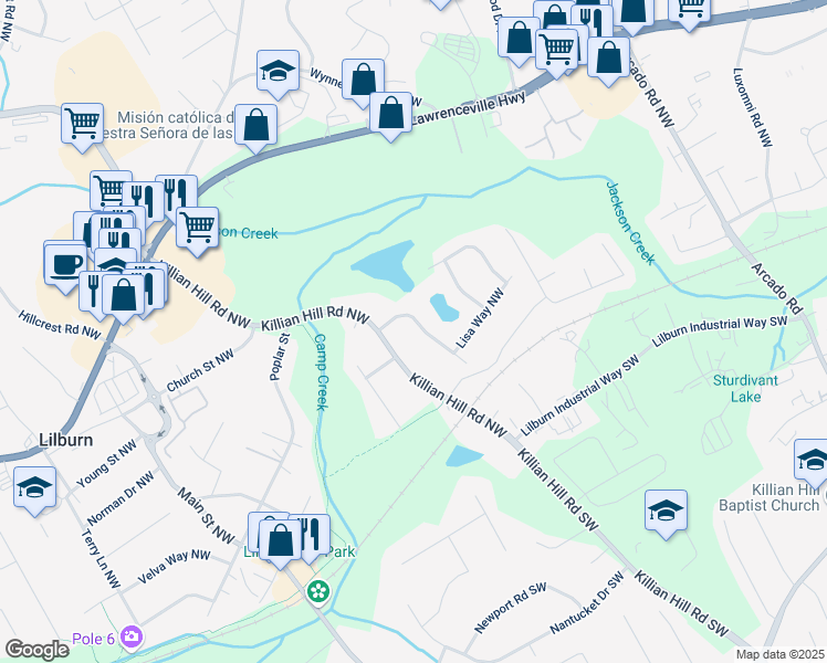 map of restaurants, bars, coffee shops, grocery stores, and more near 237 Sandra Drive Northwest in Lilburn