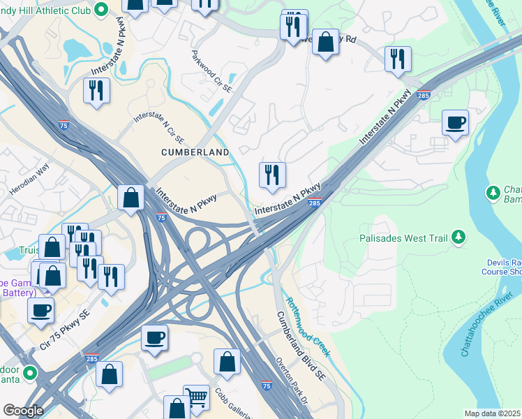 map of restaurants, bars, coffee shops, grocery stores, and more near 400 Interstate North Parkway in Atlanta