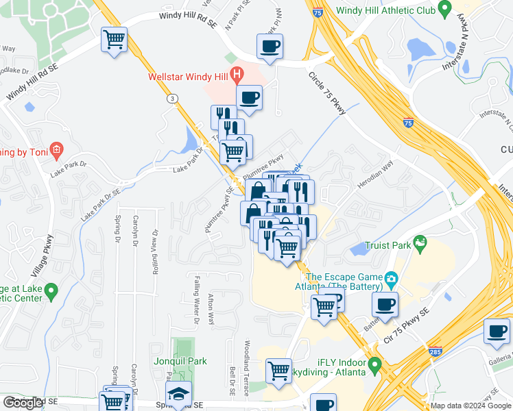 map of restaurants, bars, coffee shops, grocery stores, and more near 101 Calibre Brooke Way Southeast in Smyrna