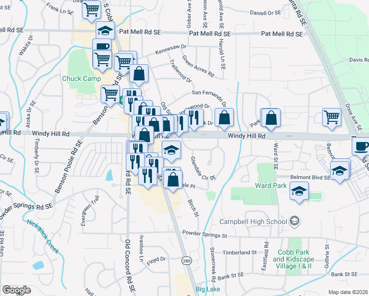map of restaurants, bars, coffee shops, grocery stores, and more near 610 Burbank Circle in Smyrna