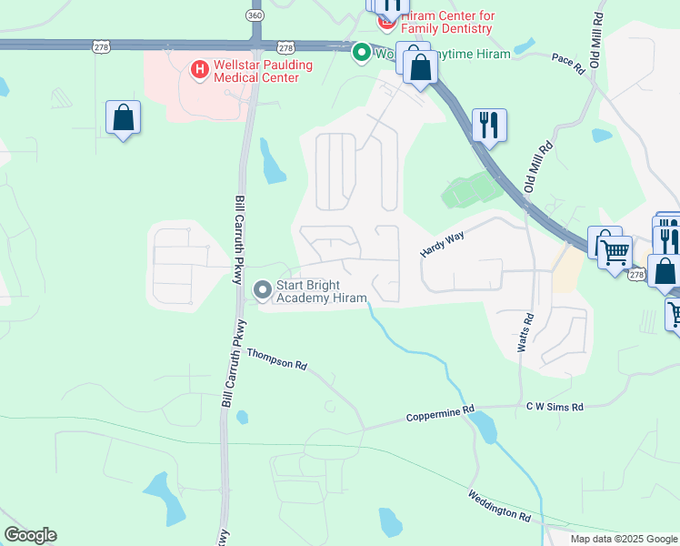 map of restaurants, bars, coffee shops, grocery stores, and more near 28 Greystone Ridge in Hiram