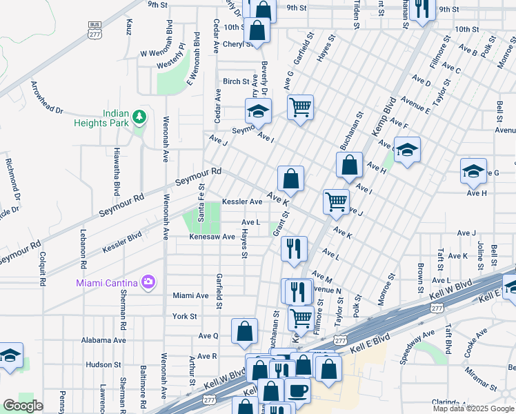 map of restaurants, bars, coffee shops, grocery stores, and more near 2107 Hayes Street in Wichita Falls