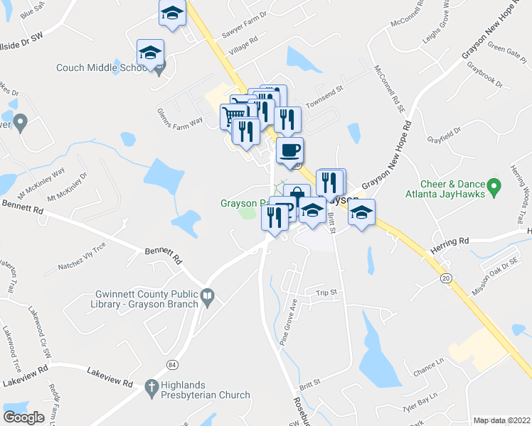 map of restaurants, bars, coffee shops, grocery stores, and more near 2057A Rosebud Road in Grayson