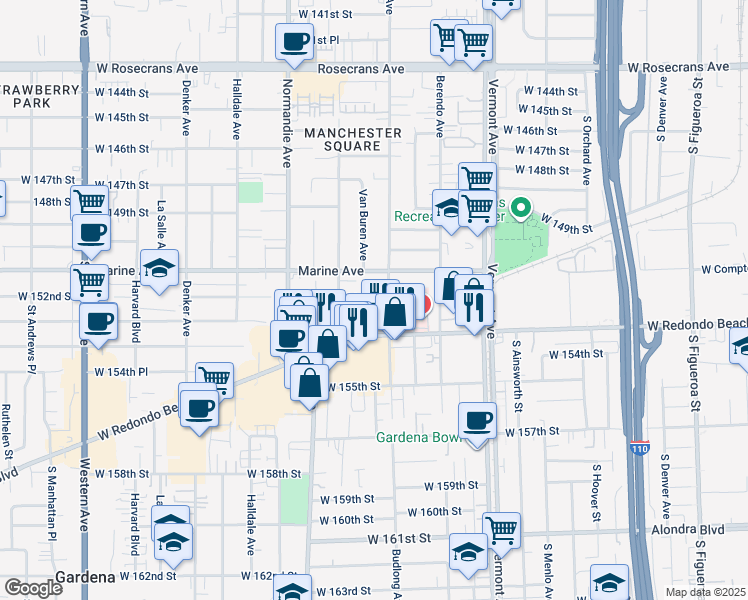 map of restaurants, bars, coffee shops, grocery stores, and more near 15205 Budlong Avenue in Gardena