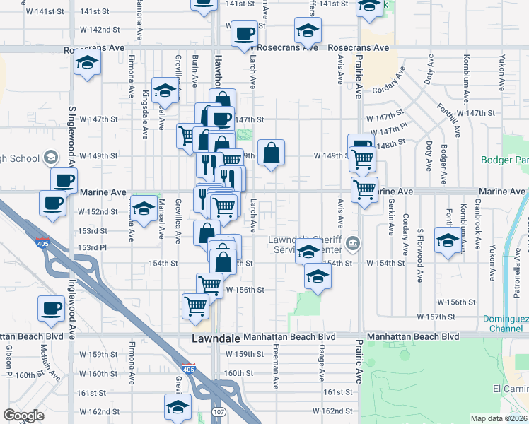 map of restaurants, bars, coffee shops, grocery stores, and more near 62 Larch Avenue in Lawndale