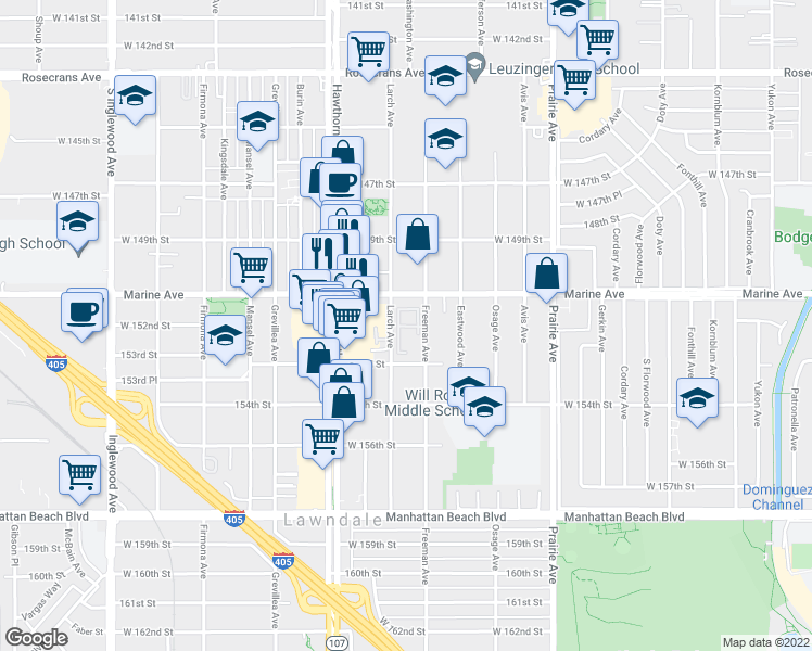 map of restaurants, bars, coffee shops, grocery stores, and more near 62 Larch Avenue in Lawndale