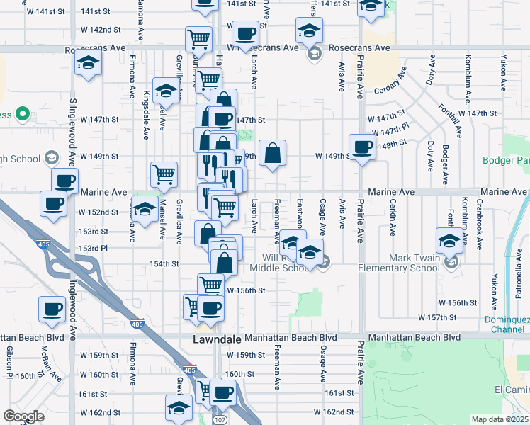 map of restaurants, bars, coffee shops, grocery stores, and more near 15111 Freeman Avenue in Lawndale