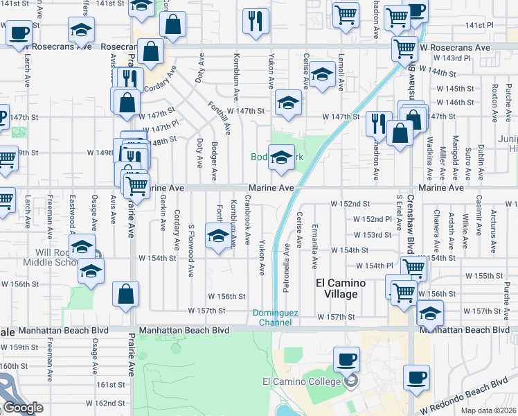 map of restaurants, bars, coffee shops, grocery stores, and more near 15203 Yukon Avenue in Lawndale