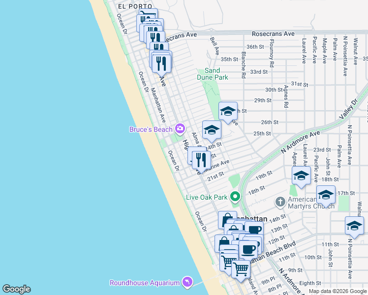 map of restaurants, bars, coffee shops, grocery stores, and more near 2508 Highland Avenue in Manhattan Beach