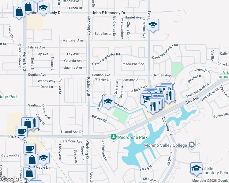 map of restaurants, bars, coffee shops, grocery stores, and more near 15605 Jacara Lane in Moreno Valley