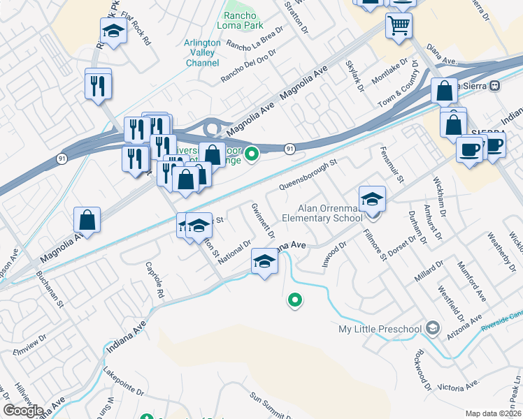 map of restaurants, bars, coffee shops, grocery stores, and more near 3590 Gettysburg Drive in Riverside