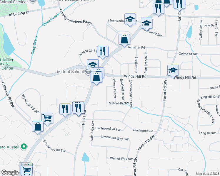 map of restaurants, bars, coffee shops, grocery stores, and more near 2444 Wayne Street Southwest in Marietta