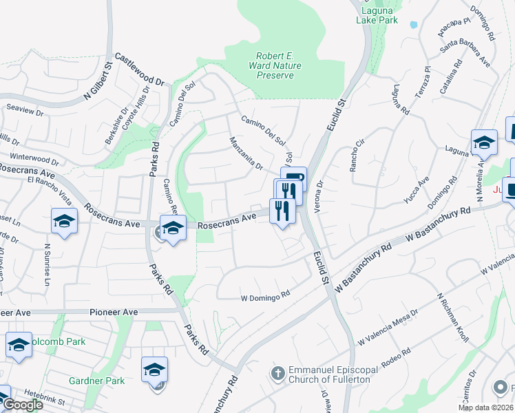 map of restaurants, bars, coffee shops, grocery stores, and more near 2142 Avenida Soledad in Fullerton