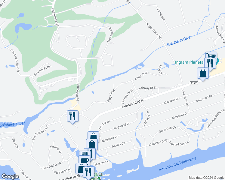map of restaurants, bars, coffee shops, grocery stores, and more near 233 Kings Trail in Sunset Beach