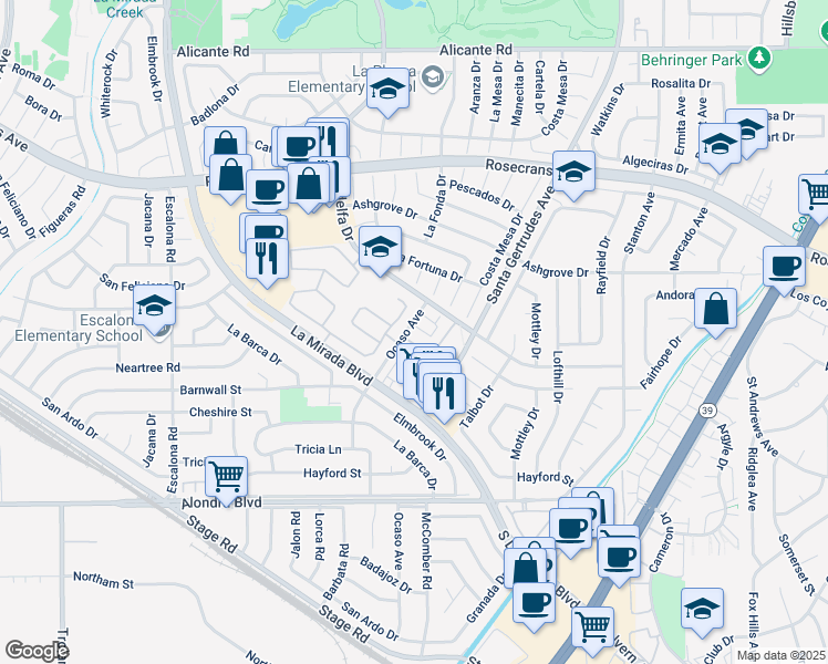 map of restaurants, bars, coffee shops, grocery stores, and more near 15044 Ocaso Avenue in La Mirada