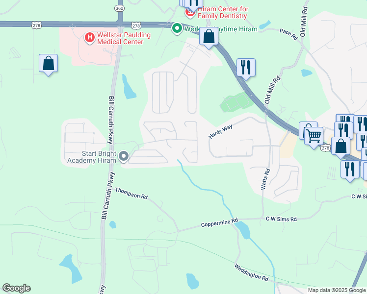 map of restaurants, bars, coffee shops, grocery stores, and more near 439 Rosemont Court in Hiram