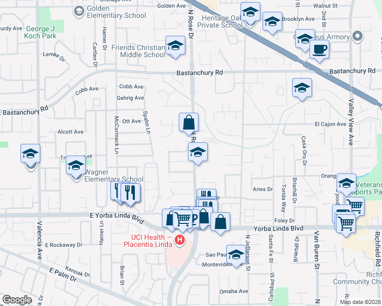 map of restaurants, bars, coffee shops, grocery stores, and more near 4612 Rose Drive in Yorba Linda