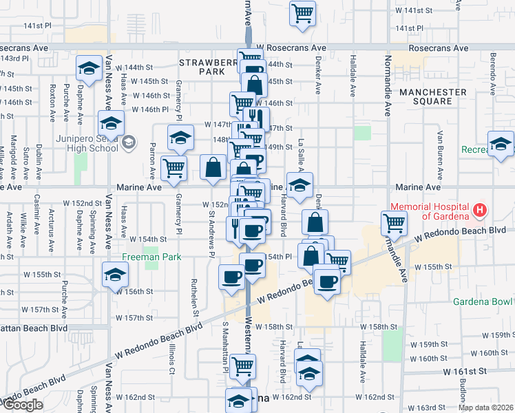 map of restaurants, bars, coffee shops, grocery stores, and more near 15134 South Western Avenue in Gardena